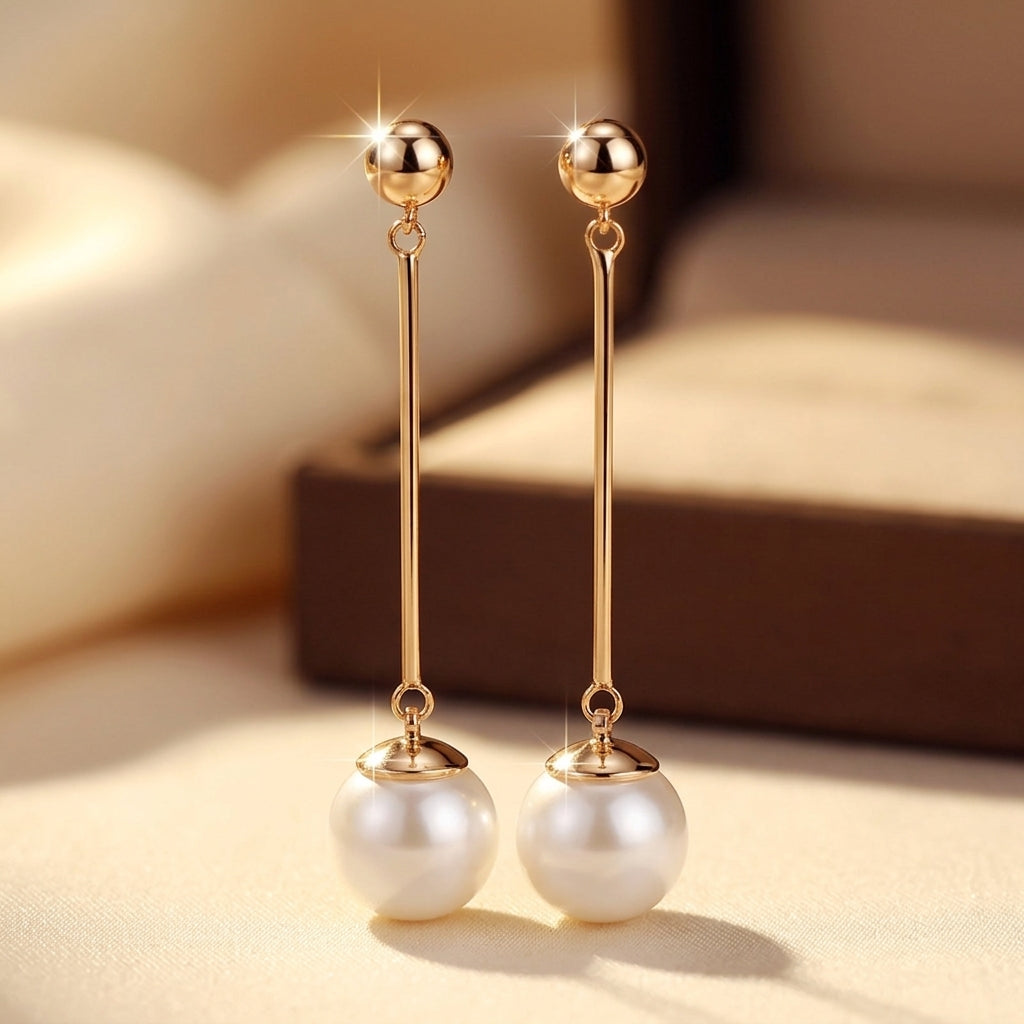 Pendientes Colgantes Largos de Oro y Perla