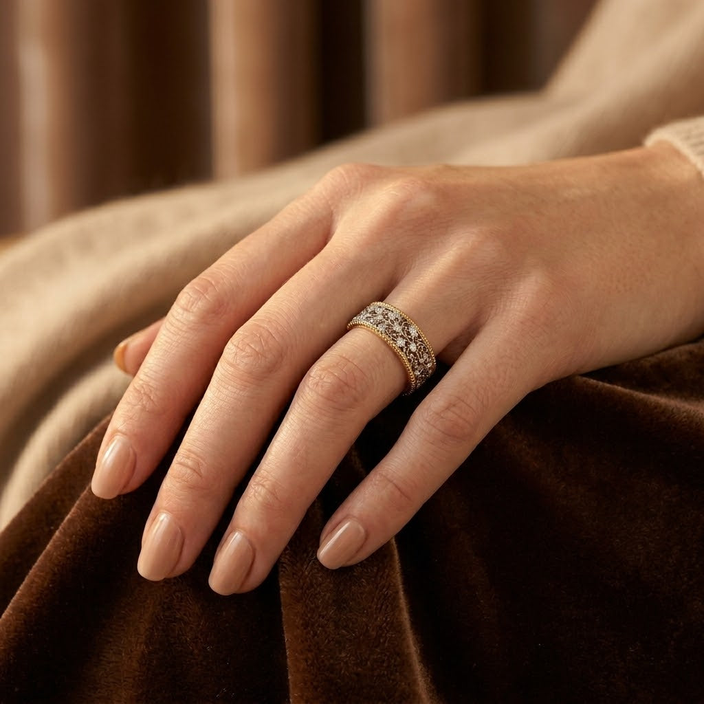 Anillo de Banda Ornamentada de Plata y Oro