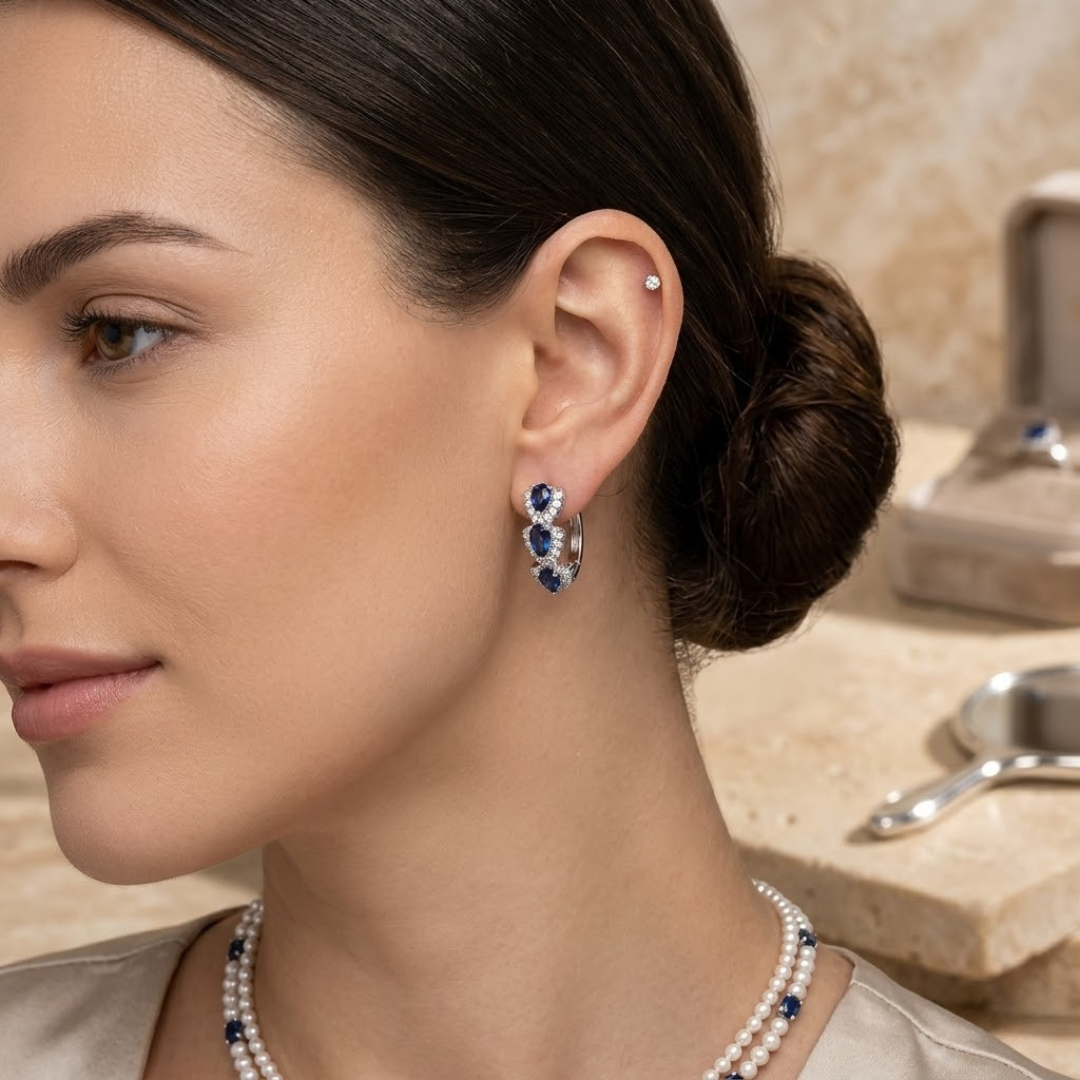 Pendientes de Aro Halo de Plata y Zafiro