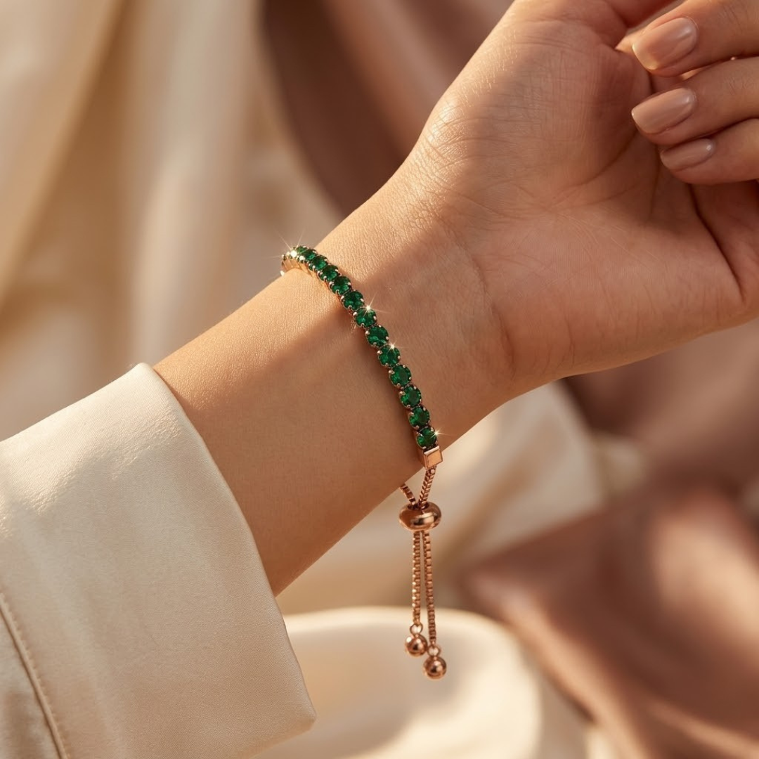 Pulsera Tenis Ajustable de Oro y Esmeralda