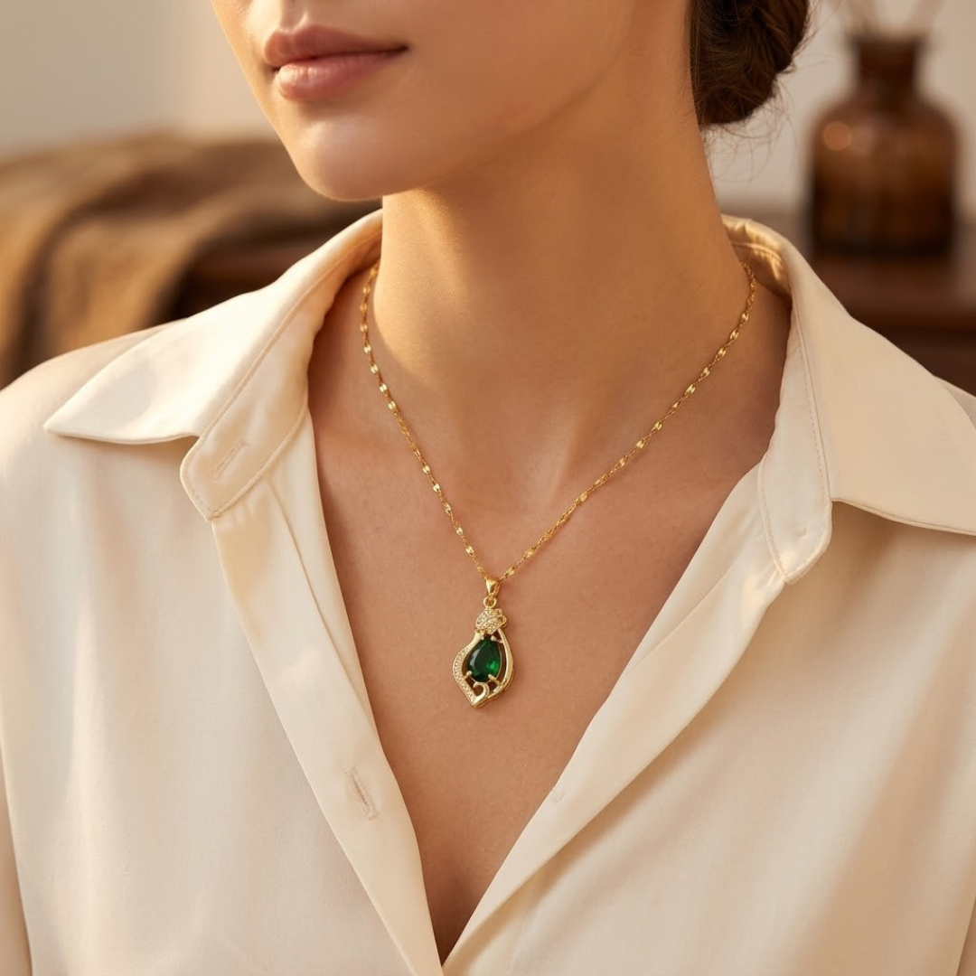 Collar con Colgante de Lágrima de Oro y Esmeralda