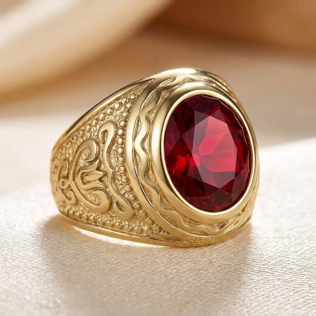Anillo Grabado de Oro y Rubí
