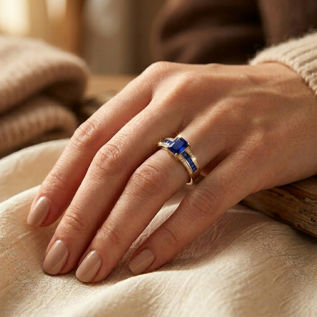 Anillo de Corte Cuadrado de Oro y Zafiro