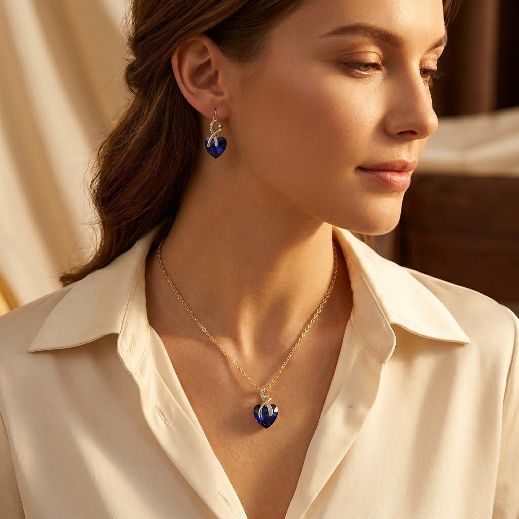 Conjunto de Collar y Pendientes de Corazón de Oro y Zafiro