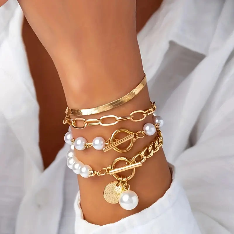 Conjunto Chic de 4 Pulseras de Oro – Serpiente, Perlas y Eslabones | Oro