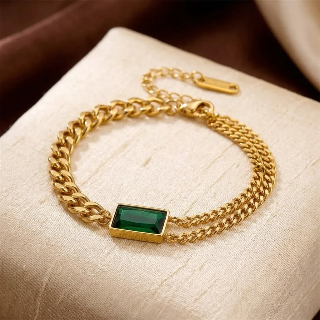 Pulsera de Cadena de Barra de Oro y Esmeralda