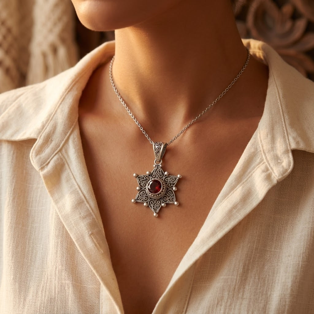 Collar con Colgante de Estrella de Plata y Rubí