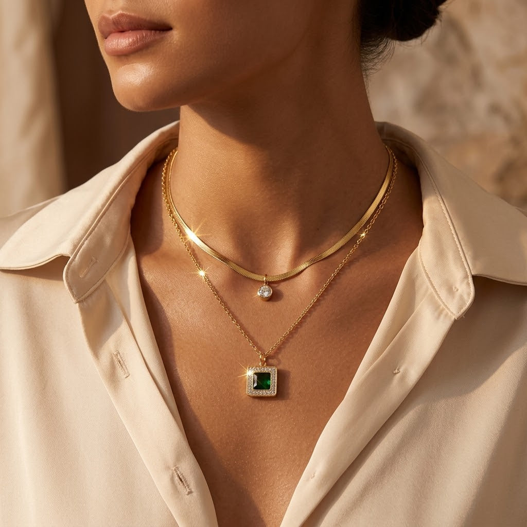 Collar en Capas de Oro y Esmeralda
