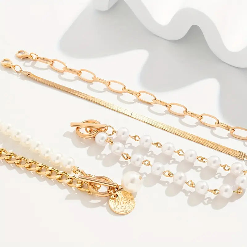 Conjunto Chic de 4 Pulseras de Oro – Serpiente, Perlas y Eslabones | Oro