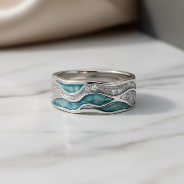 Chloe | Anillo de Olas Plateadas y Turquesa