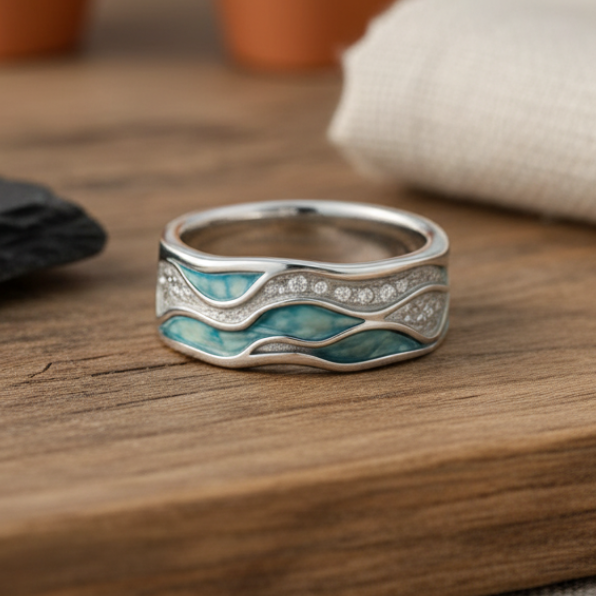 Chloe | Anillo de Olas Plateadas y Turquesa
