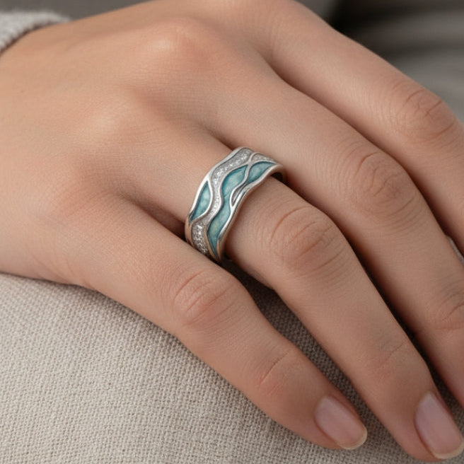 Chloe | Anillo de Olas Plateadas y Turquesa