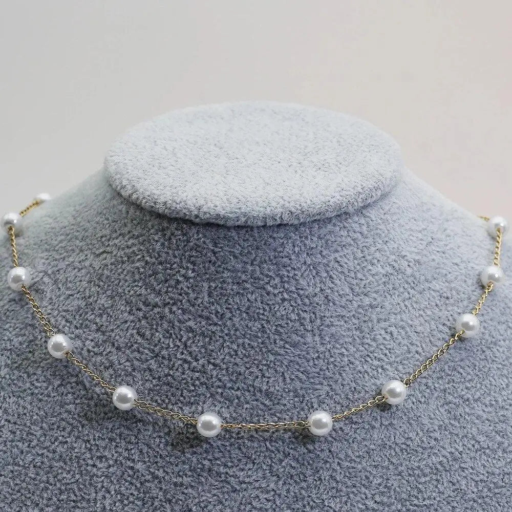Collar de Cadena de Perlas Espaciadas de Oro