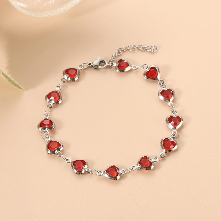 Pulsera de Cadena de Corazón de Plata y Rubí