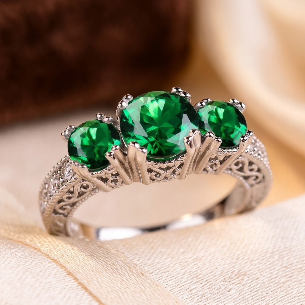Anillo de Tres Piedras de Plata y Esmeralda