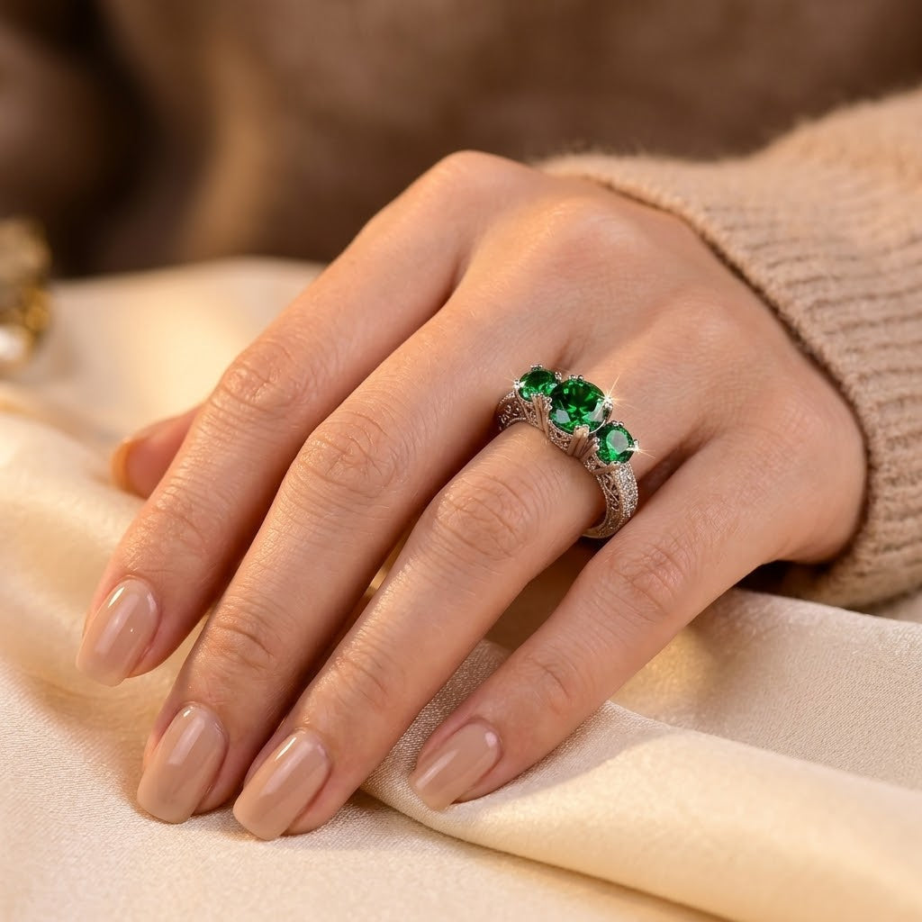 Anillo de Tres Piedras de Plata y Esmeralda