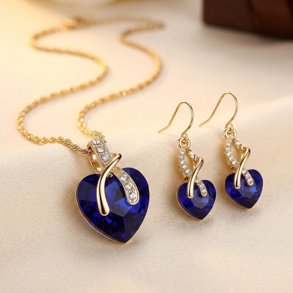Conjunto de Collar y Pendientes de Corazón de Oro y Zafiro