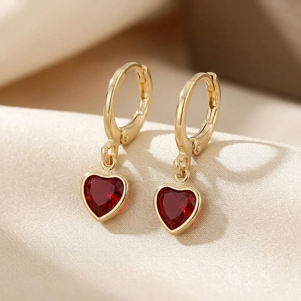 Pendientes Colgantes de Corazón de Oro y Rubí