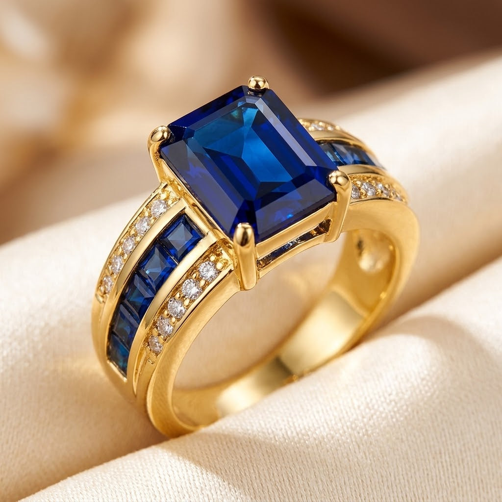 Anillo de Corte Cuadrado de Oro y Zafiro