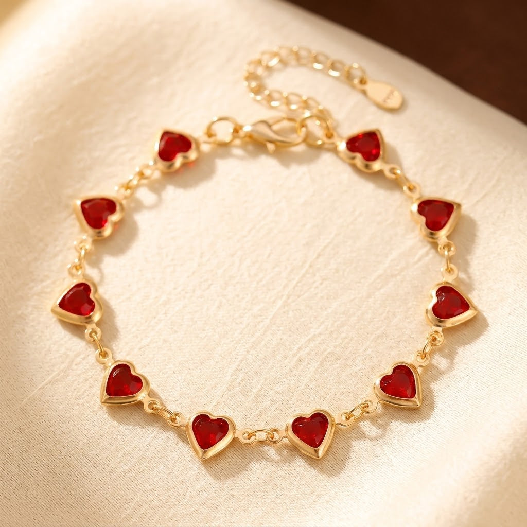 Pulsera de Cadena de Corazón de Oro y Rubí