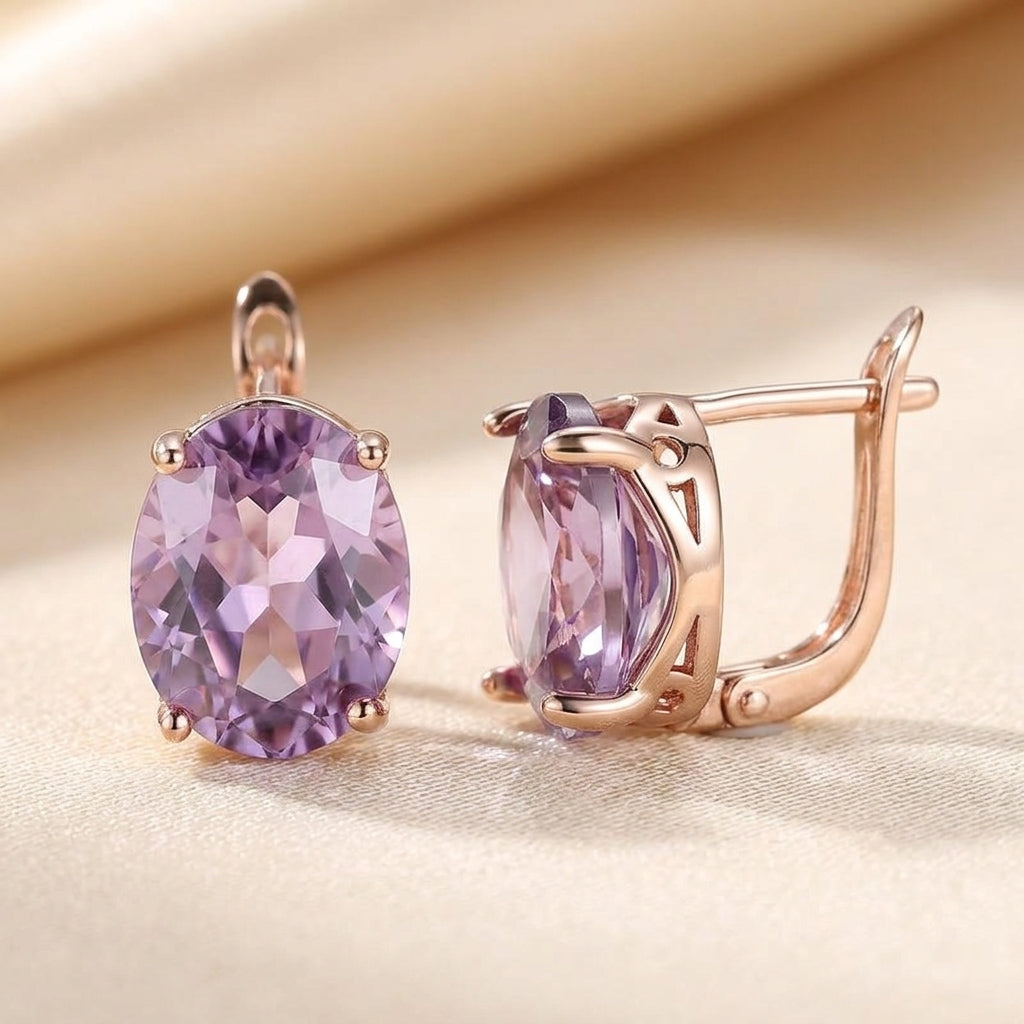 Pendientes de Botón de Oro Rosa y Amatista
