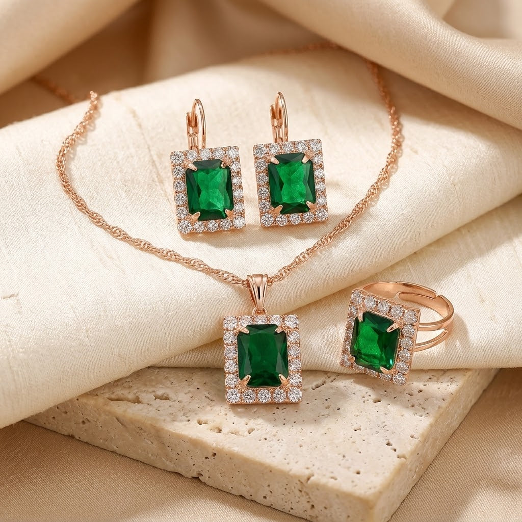 Conjunto de Joyas Rectangular de Oro y Esmeralda