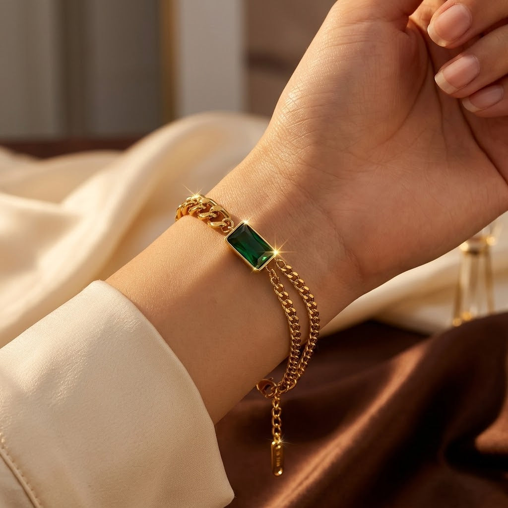 Pulsera de Cadena de Barra de Oro y Esmeralda