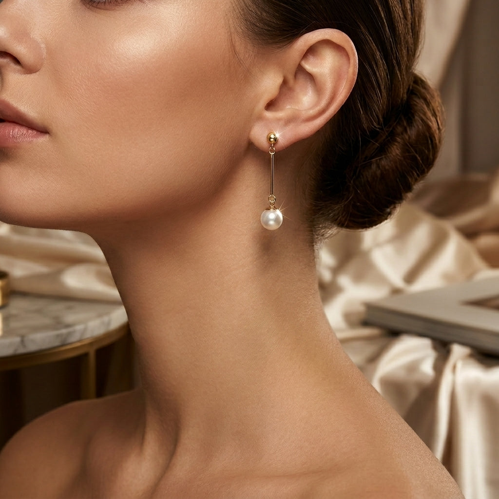 Pendientes Colgantes Largos de Oro y Perla